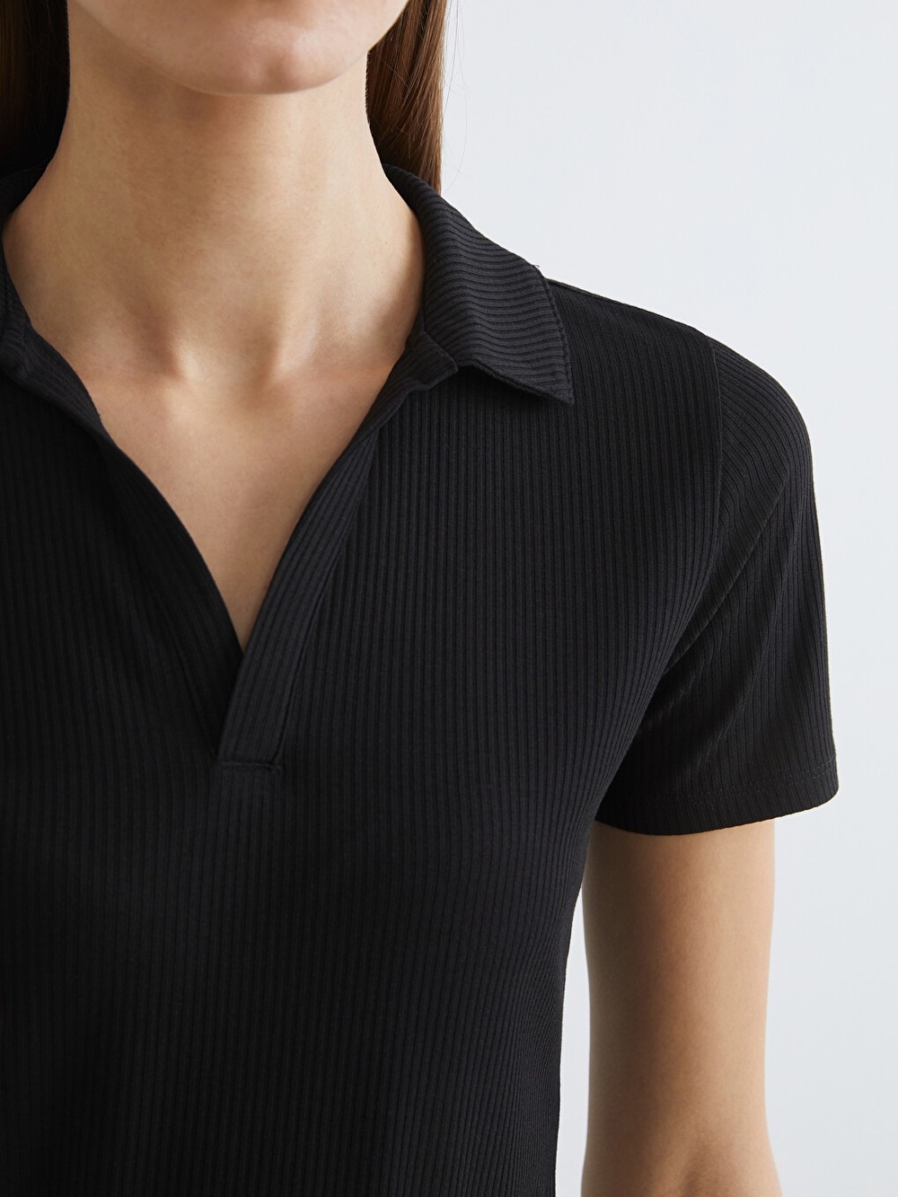 🖤 CALIA Black Ribbed Open Collar Polo Top Medium Stretch Athleisure